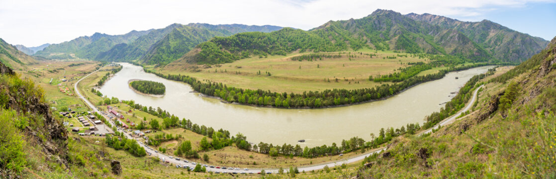 Katun River bend with Patmos Island near Chemal in Altai Republic Russia. Travel destination and landscape exploration in mountain region