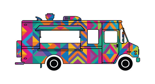 Colorful food truck silhouette with geometric pattern