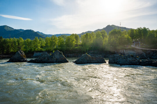 Dragon Teeth rocks in Katun River near Elekmonar Chemal Altai Republic Russia mountain landscape