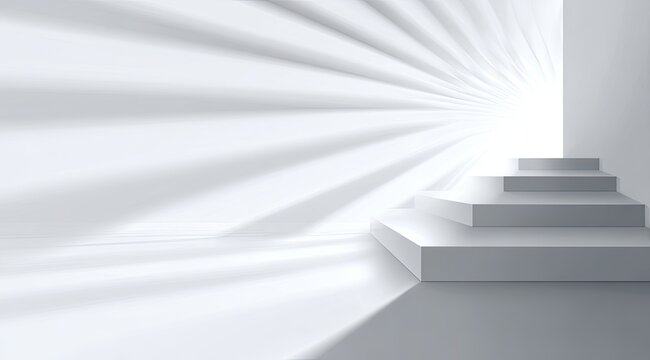 Brightly lit stairs ascend towards an illuminated opening with radiating light beams