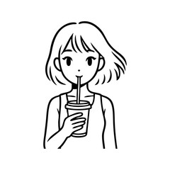 Logotipo con dibujo minimalista con líneas de una chica joven bebiendo con una pajita de un vaso de papel en la mano, mirando al frente  © teracreonte