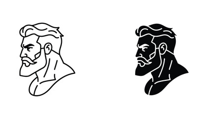 Strong man profile portrait vector icon set showing masculine jawline and beard in both solid black silhouette and clean outline stroke design for barber shop branding and male grooming concepts © Asian