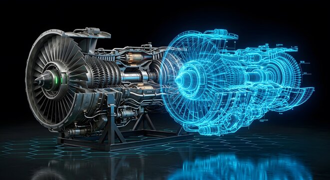 Digital twin technology of a jet turbine engine showing engineering visualization and data analysis process