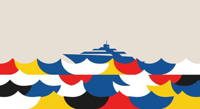 Abstract Yacht Sailing on Colorful Geometric Sea Waves Illustration