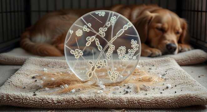 Sleeping golden retriever on a dog bed, with floating magnified microbes and dust particles, perfect for pet allergy awareness, veterinary content, and home cleanliness campaigns