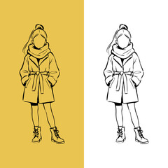 Logotipo ropa de invierno. Dibujo sencillo con líneas de una chica joven de frente, con las manos en los bolsillos de un abrigo con cinturón y con bufanda  © teracreonte