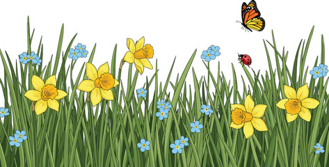 Spring meadow border vector illustration featuring daffodils, blue flowers, butterfly and ladybug in fresh natural grass design © jafrine