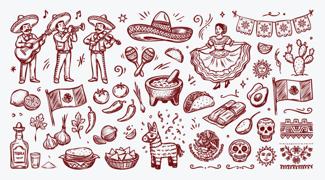 Mexican Culture and Cinco de Mayo Celebration Doodle Set