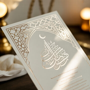 Close Up of Elegant Wedding or Eid Invitation Card with Gold Foil