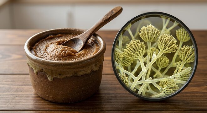 Wooden bowl of fermented miso paste on a rustic table, with a magnified inset showing aspergillus oryzae mold spores, representing japanese fermentation and koji culture