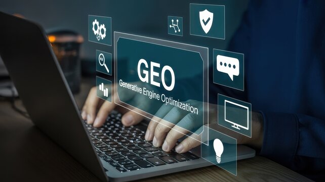 Business person using a laptop with generative engine optimization SEO digital icons