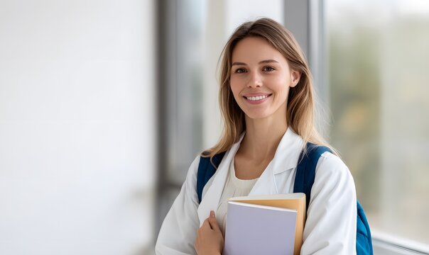 onesmiling first-year student in white coat, with backpack and textbooks in her hands
