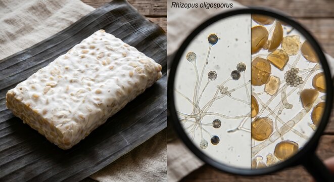 Sliced tempeh cake next to a magnified microscopic view of white mycelium and sporangia (fungal spore structures), representing fermentation and plant-based protein