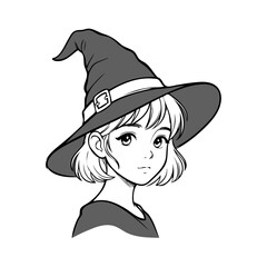 Obraz premium Logotipo con dibujo minimalista con líneas de la cabeza de una chica joven con sombrero de bruja para tarjetas y felicitaciones de Halloween