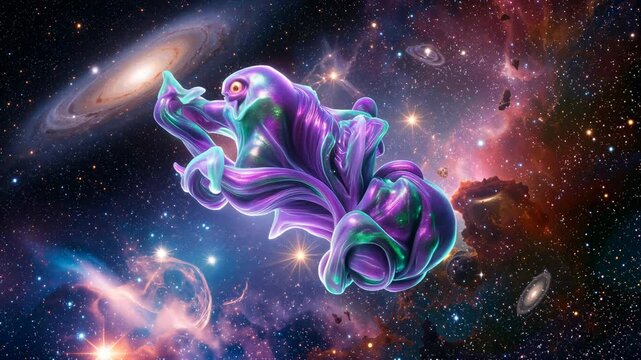 Cosmic entity floating through galaxies and nebulae in a vast universe, evolving life forms in deep space.