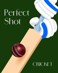 Obraz premium Cricket Poster with Close Up Bat Hitting Ball Perfect Shot Concept on Green Background Minimal Sports Design