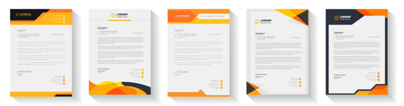 Collection of modern business letterhead templates with orange and black design elements on white background for professional correspondence and branding purposes