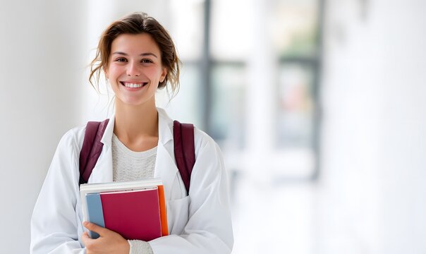 onesmiling first-year student in white coat, with backpack and textbooks in her hands