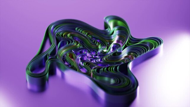 Mesmerizing abstract animation featuring a futuristic, organic object with colorful, iridescent, and metallic layers pulsating and changing shape on a reflective purple background