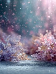 Fototapeta premium Blurred abstract winter scene with large lavender, pale blue, and soft gold snowflakes and soft festive bokeh lights in emerald, crimson, and violet, magical colorful atmosphere