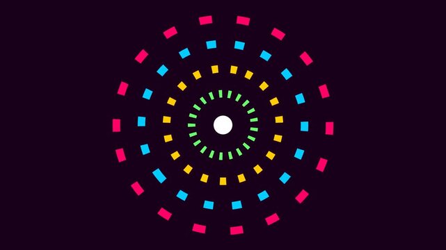 3D render of dashed vortex rings rotating in circular pattern on dark background creating colorful abstract animation designed for visual effects, motion graphics and video overlays