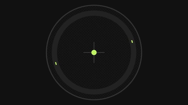 3D render of carbon fiber circular interface with rotating markers and center target on dark background creating technology animation designed for UI visuals and video overlays.