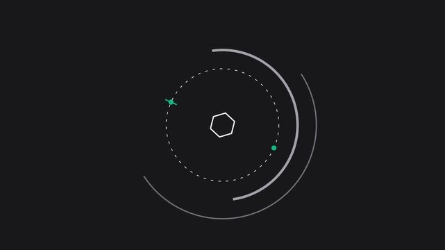 3D render of precision optic interface with rotating rings and tracking markers on dark background creating targeting animation designed for technology visuals and video overlays.