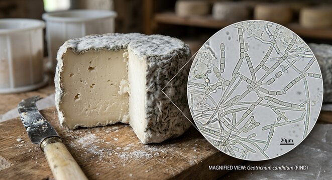 Wedge of artisan cheese with a magnified inset showing geotrichum candidum mold culture, representing bloomy rind development and dairy microbiology