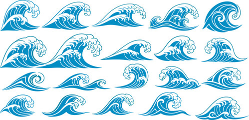 Fototapeta premium Blue ocean wave collection featuring decorative Japanese style sea surges, tribal water ripples, and nautical aquatic patterns isolated on white background for marine designs.