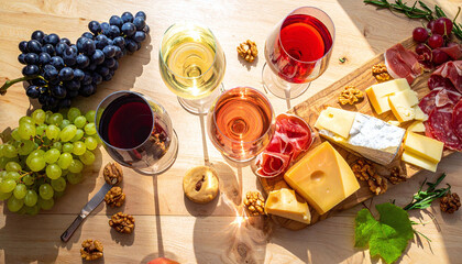 Naklejka premium Elegant wine tasting scene featuring red, white, and rose glasses, paired with gourmet cheeses, cured meats, and fresh grapes. Perfect for upscale lifestyle and hospitality branding.