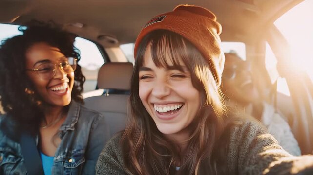 Three friends enjoying a roadtrip together, laughing joyfully while driving through scenic landscapes on a sunny day