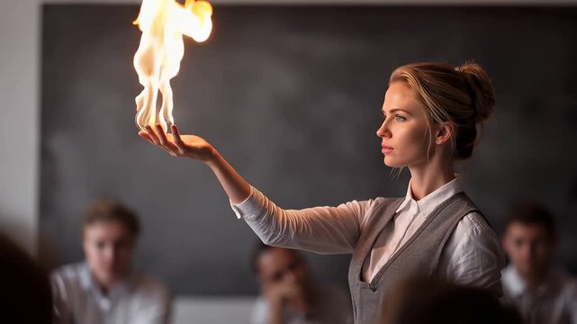 Positive young female teacher conducts an engaging classroom demonstration using fire to illustrate principles of combustion