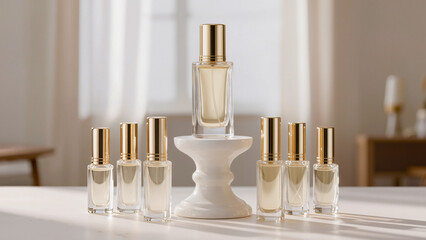 Luxury perfume collection on elegant display. ​Central bottle stands on white pedestal. ​Symmetrical arrangement of gold-capped bottles. ​Soft sunlight fills bright airy room. © Creative 