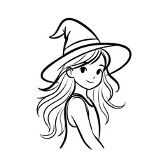 Obraz premium Logotipo con dibujo minimalista con líneas de la cabeza de una chica joven sonriente con sombrero de bruja para tarjetas y felicitaciones de Halloween