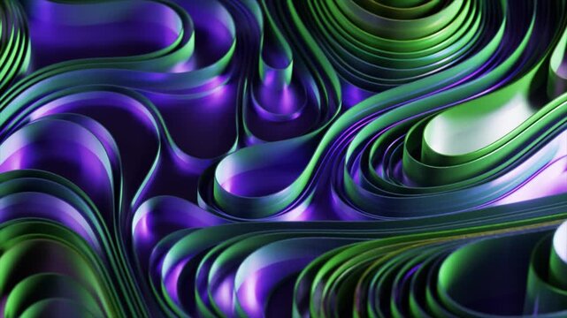 Abstract purple and green glossy ribbons and waves creating an elegant and dynamic texture with smooth, flowing movement, offering a modern and colorful visual effect for any creative project