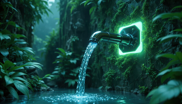 Futuristic water pipe with glowing green frame releases stream of water into lush, verdant environment, surrounded by dense foliage and moss covered rocks. scene evokes sense of tranquility