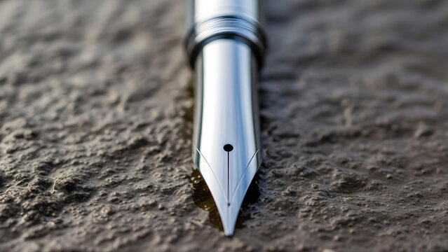 Macro photo of a fountain pen nib with a small ink hole, showcasing intricate details and metallic sheen on a textured surface