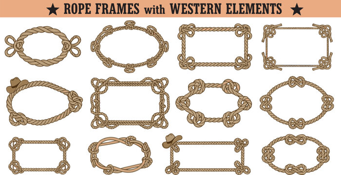 Western Rope Frames and Borders Set with Cowboy Hat Elements, Nautical Lasso Knots, Decorative Twine Borders for Rustic Invitations, Vintage Labels, and Wild West Graphic Design.