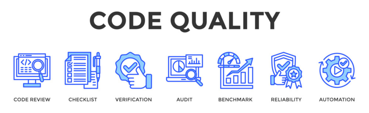 Code Quality  Banner Web  Icon Set Collection Pack Vector Illustration Concept Containing Code Review, Checklist, Verification, Audit, Benchmark, Reliability, Automation