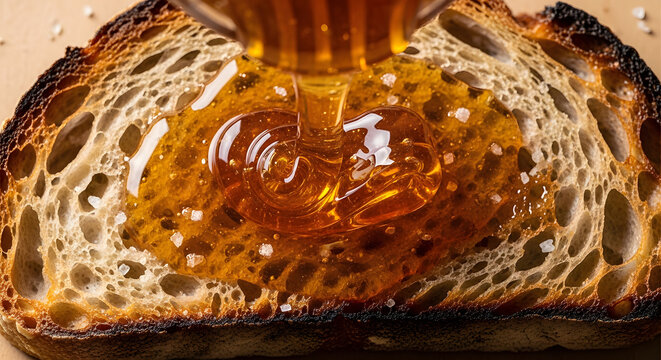Close-up of golden honey being poured onto a toasted slice of artisan bread showcasing texture and rich natural colors in a delicious breakfast scene