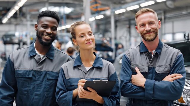 Young diverse team of automotive engineers collaborates in a modern workshop on vehicle design and innovation while showcasing teamwork and expertise