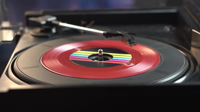 Red 45 RPM Vinyl Record Playback on Turntable Till Finish and Automatic Stop