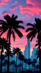 Obraz premium Palm trees silhouette against futuristic skyline, garden, ||clouds