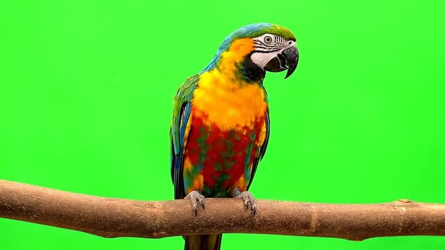 Blue and yellow macaw parrot perched on a branch with a green screen background.