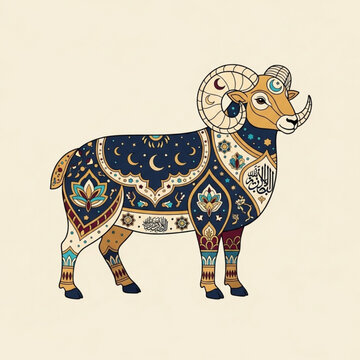 A vibrantly decorated ram with intricate Islamic patterns and Arabic calligraphy stands against a neutral background, symbolizing cultural artistry and tradition.