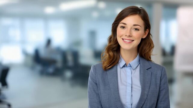 Young woman in a blue suit smiling confidently in an office environment while showcasing her role in the insurance industry