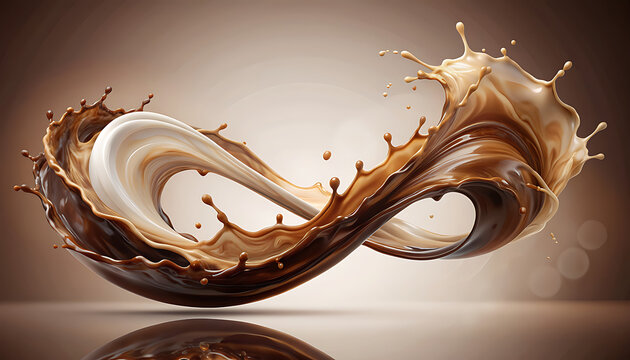 Dynamic chocolate milk liquid splash with creamy white swirl on brown gradient