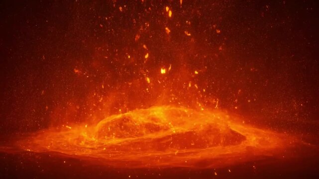 Molten lava pool with glowing orange embers, bubbling volcanic magma surface, intense heat and fire sparks background for cinematic visual effects