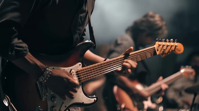Musicians performing on stage with electric guitars during a live concert in a dimly lit venue filled with smoke