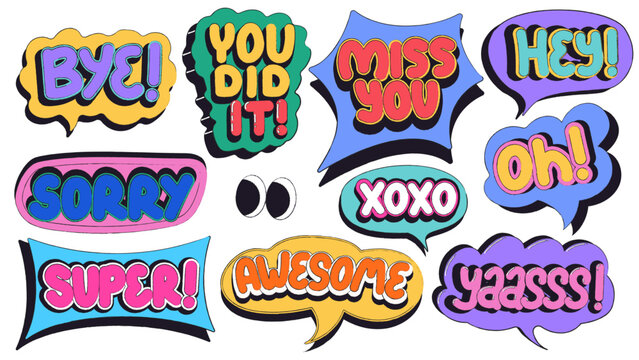 Big collection of comic speech bubbles and stickers in pop art style. Vector set of hand drawn elements with phrases like Awesome, Super, Sorry, Hey, and XOXO isolated on white background for chat app